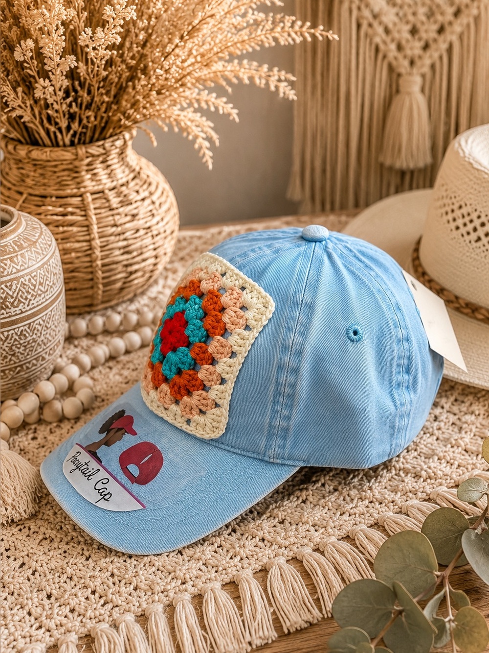 Crochet Granny Square Trucker Hat 🧢 Blue Ponytail Baseball Cap Adjustable Boho - Picture 6 of 11